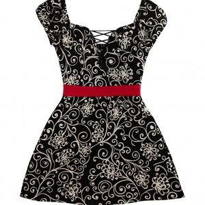 Black and White Floral Dress with Red Accent